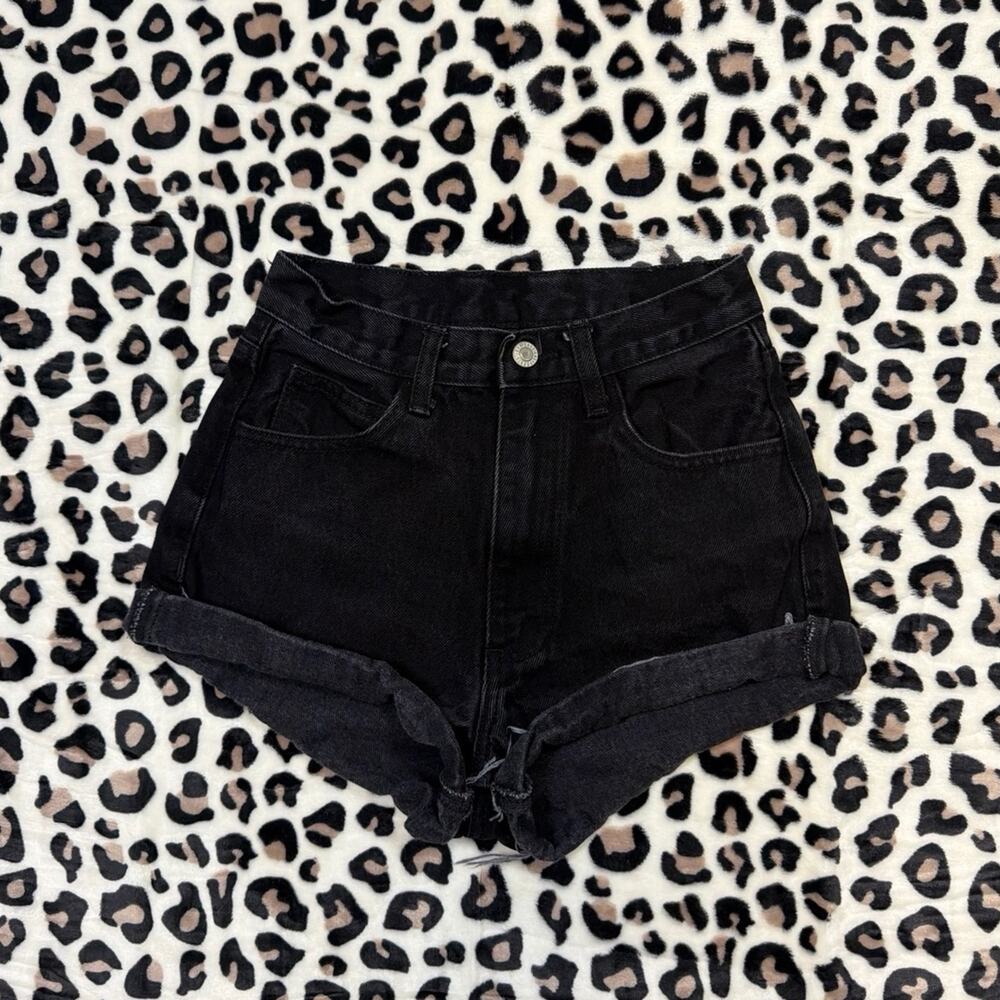 John Galt Brandy Melville High Rise Cuffed Edge Black Denim Jean Shorts Size S
